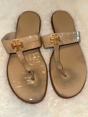 Tory Burch Nude Patent Logo Thong Sandals
